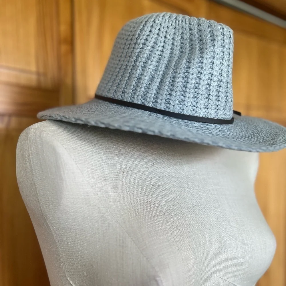 C.C Women's Gray Fall Winter Knit Leather Band Wide Brim Panama Fedora Boho Hat